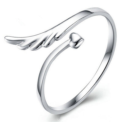 Silver Heart Angel Wings Ring
